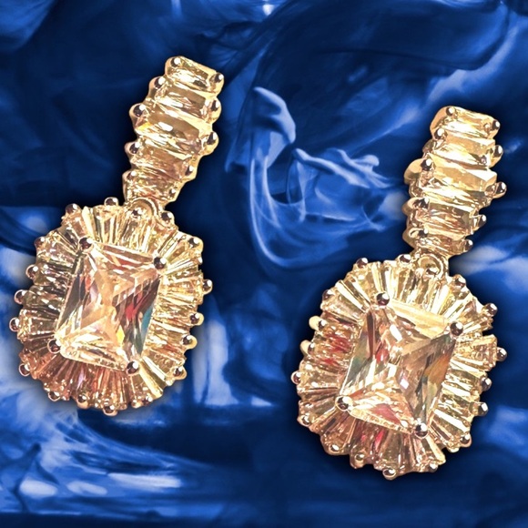 NEW White Gold-Plated Stacked Diamond Simulant Emerald Baguette Drop Earrings - Picture 12 of 14